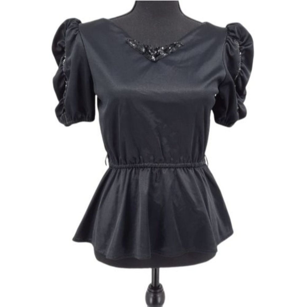 VTG 80s News From California Black Satin Sequin Puff Sleeve Peplum Blouse S
